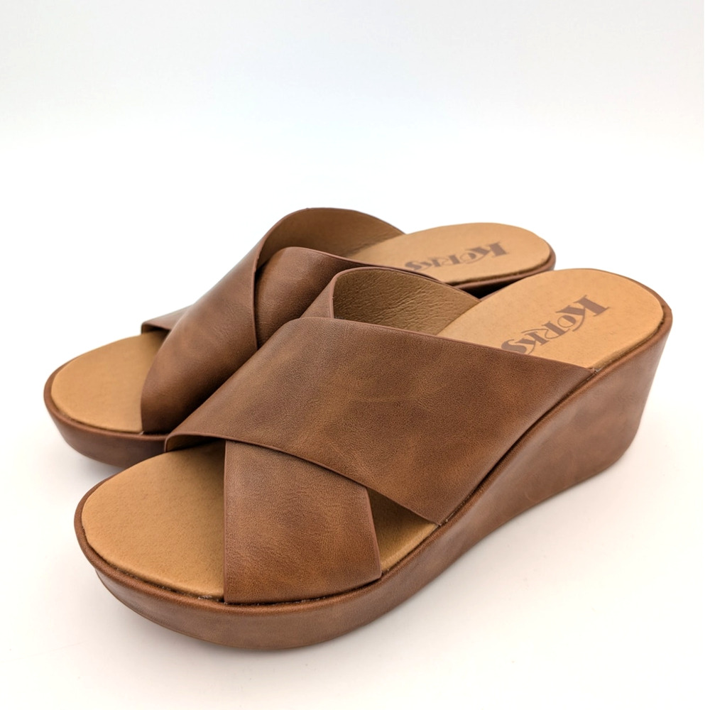 Korks Madera Leather Wedge Sandals Crisscross Strap Women's Brown Size US7M EU38